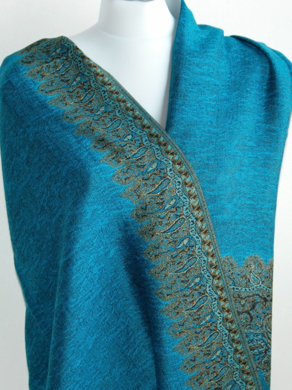 Turquoise Blue Paisley Border Pashmina Scarf, Reversible Evening Shawl Wrap